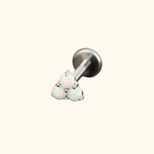 Load image into Gallery viewer, silver earring with three opal stones on a light yellow background