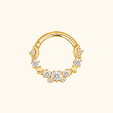 Load image into Gallery viewer, Gold nose ring with diamond-like stones on a light yellow background