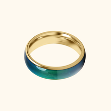 Load image into Gallery viewer, Gold-colored mood ring with a blue-green band on a light yellow background

