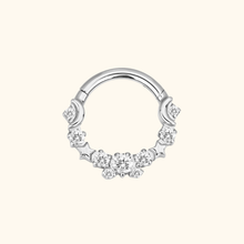 Load image into Gallery viewer, silver nose ring with diamond-like stones on a light yellow background
